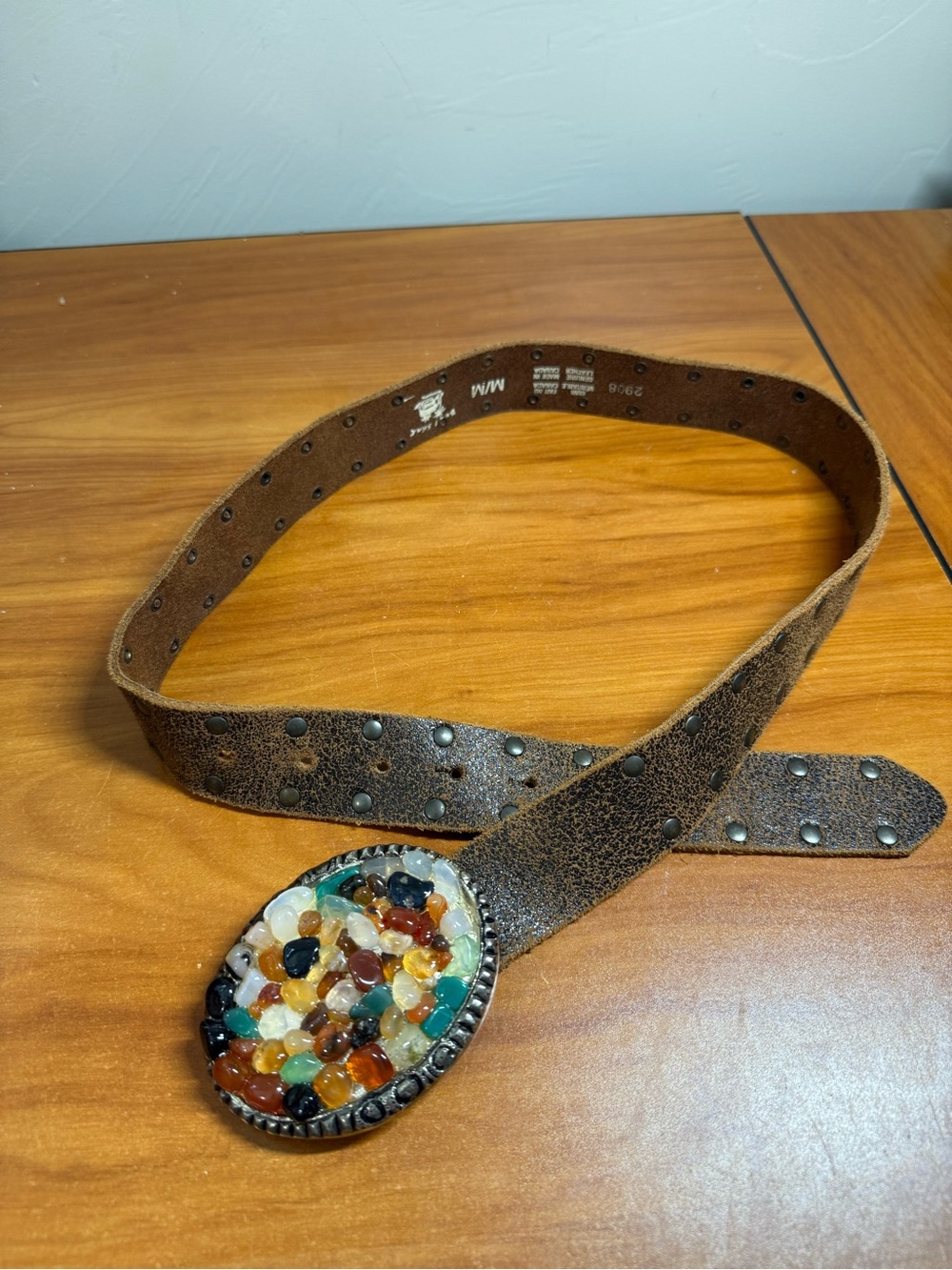 Belt Shak Made in Canada Genuine Leather Belt with Stone Buckle Western Women M
